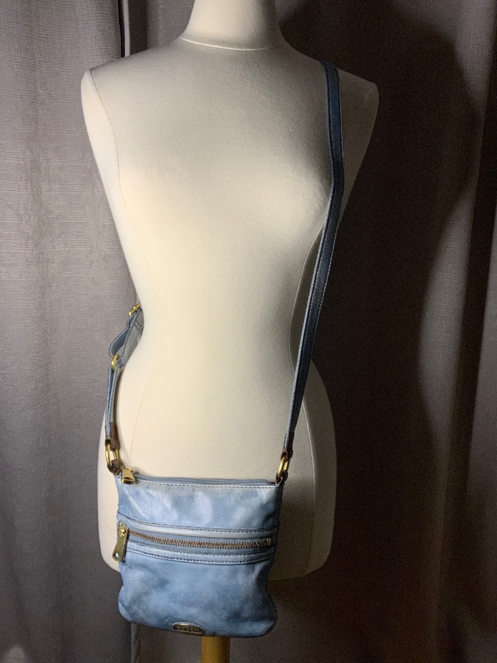 Distressed Fossil Crossbody - Denim Blue